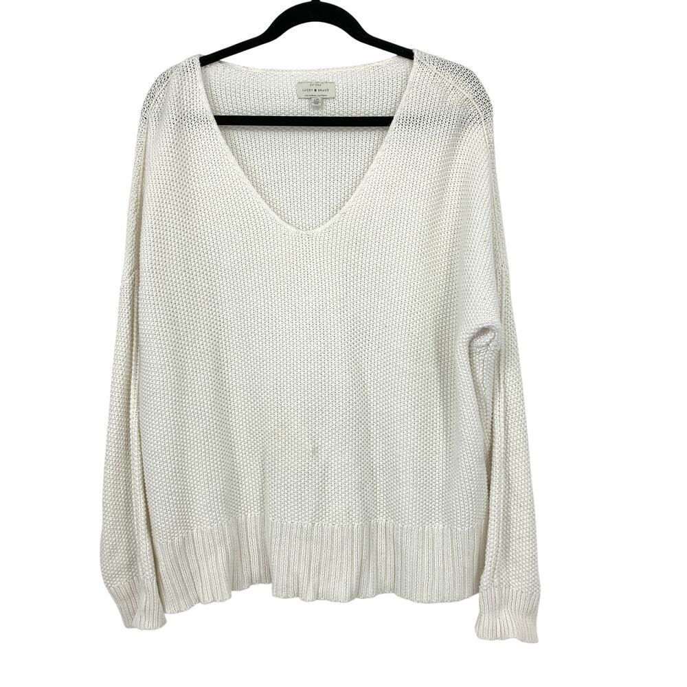 Lucky Brand Crew Neck Pullover Knit Sweater Womens Sz L White V-Neck Long Sleeve